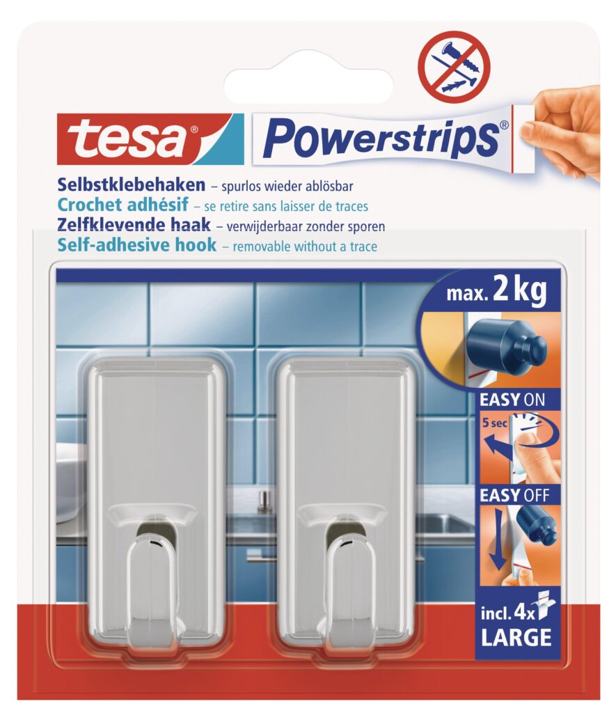 tesa-powerstrips-hooks-large-rectangular-classic-2-hooks4-strips-chrome-securadeal-1 | Securadeal