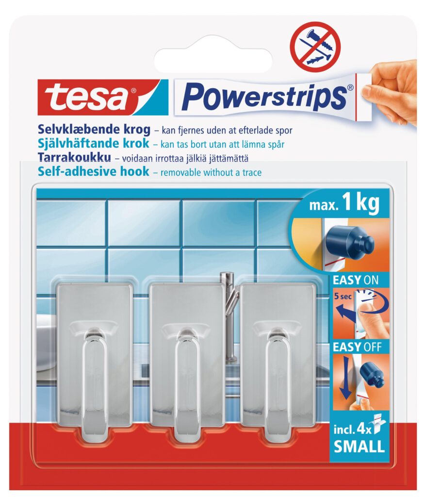 tesa-powerstrips-hooks-small-rectangular-classic-3-hooks4-strips-chrome-securadeal-1 | Securadeal Tesa Powerstrips Hooks Small Rectangular Classic 3 Hooks4 Strips Chrome Premium Fasteners from Tesa