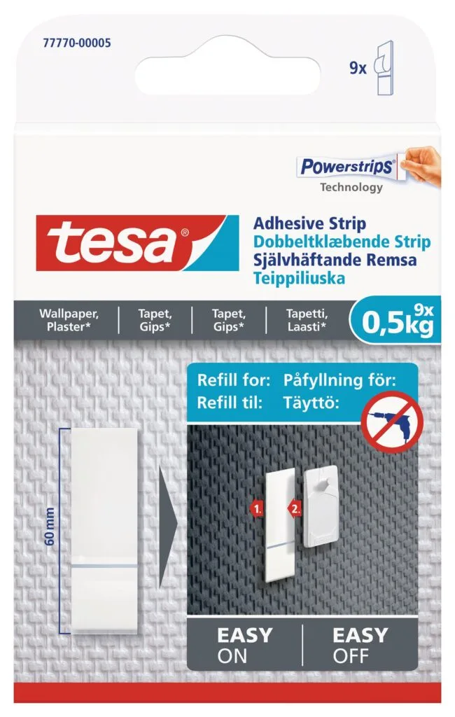 tesa-powerstrips-sensitive-surface-0-5kg-9-adhesive-strips-wallpaperplaster-securadeal-1 | Securadeal