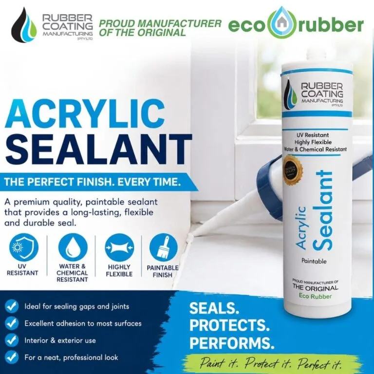 A large ad for Acrylic Sealant showing a white tube bottle labeled Acrylic Sealant beside a blue brush, with bold text 'ACRYLIC SEALANT'.
