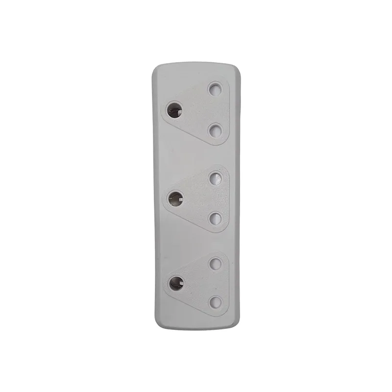 White three-gang electrical wall plate with three screw holes for mounting switches or outlets.