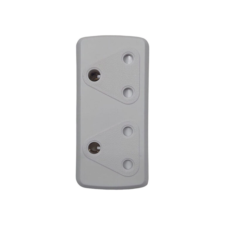White plastic mounting plate with two triangular mounting sections and four screw holes (two per section).