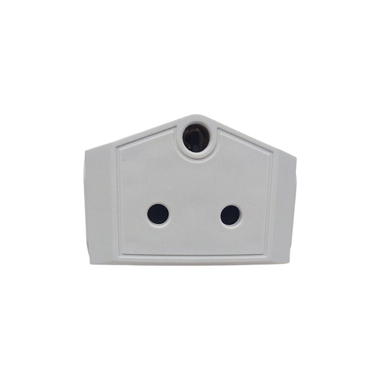 White three-pin electrical outlet faceplate with two round sockets and an upper earth-pin hole