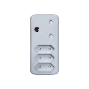 White plastic three-outlet power adapter with recessed sockets arranged vertically.
