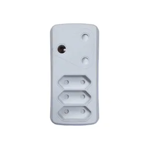 White plastic three-outlet power adapter with recessed sockets arranged vertically.