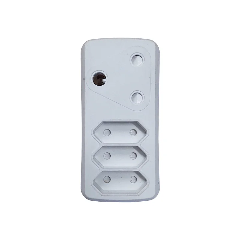 White plastic three-outlet power adapter with recessed sockets arranged vertically.