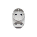 E11057-1 | Securadeal White Plastic Electrical Outlet Adapter with Two Circular Socket Holes on the Top and Two on the Bottom Against a White Background a Modular Power Plug Component
