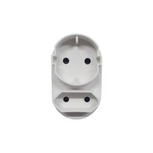 White plastic electrical outlet adapter with two circular socket holes on the top and two on the bottom against a white background; a modular power plug component.