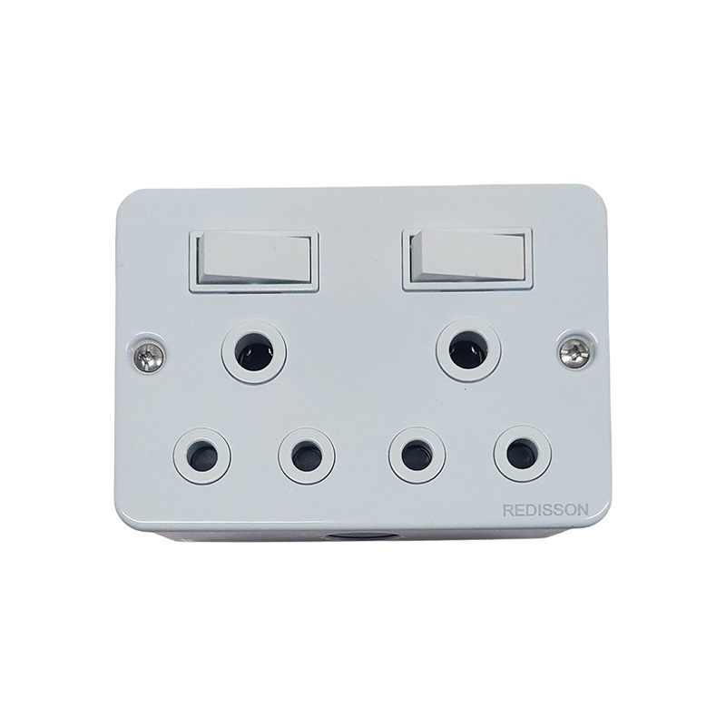 White Wall Mounted Multi Socket Power Adapter with Two Rocker Switches and Six Circular Outlets Brand Redis on the Corner