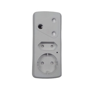 White electrical outlet adapter with a round European-style socket at the bottom and a two-slot/top opening above it.