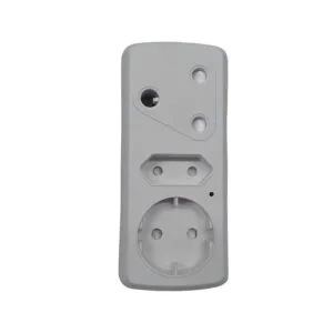 White electrical outlet adapter with a round European-style socket at the bottom and a two-slot/top opening above it.