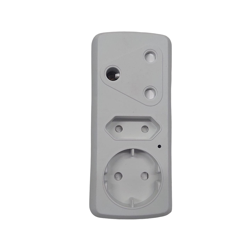 White Electrical Outlet Adapter with a Round European Style Socket at the Bottom and a Two Slottop Opening Above It