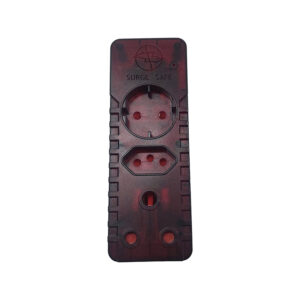 Surge-protected power strip with a main circular outlet and multiple smaller openings, labeled SURGE SAFE and featuring a red-tinted housing