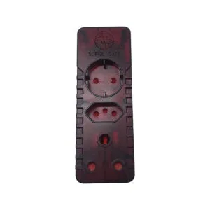 Surge-protected power strip with a main circular outlet and multiple smaller openings, labeled SURGE SAFE and featuring a red-tinted housing