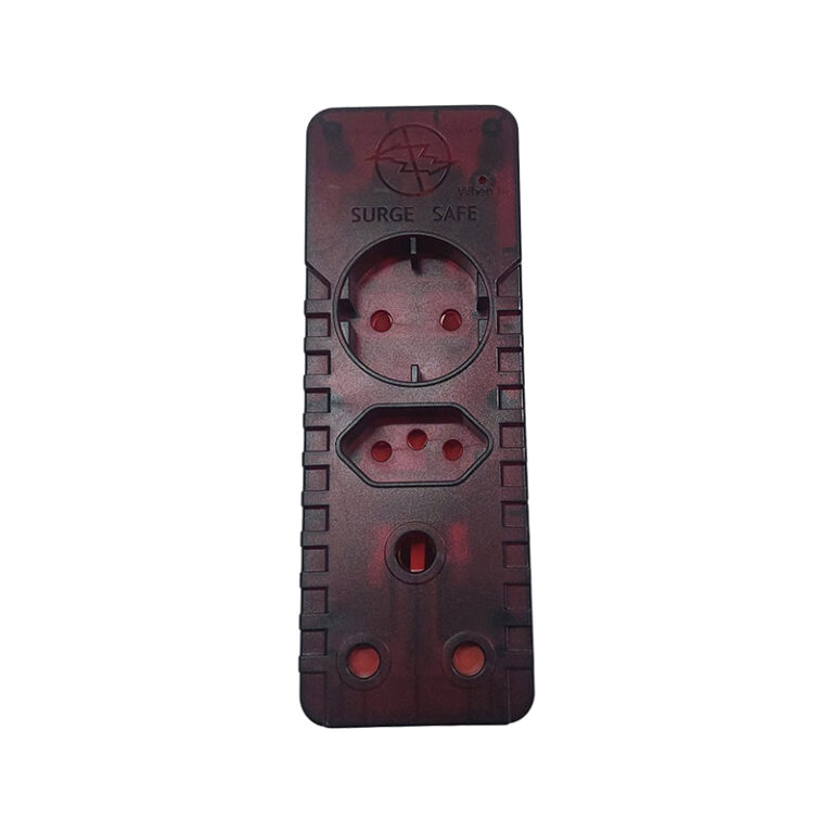 Surge-protected power strip with a main circular outlet and multiple smaller openings, labeled SURGE SAFE and featuring a red-tinted housing