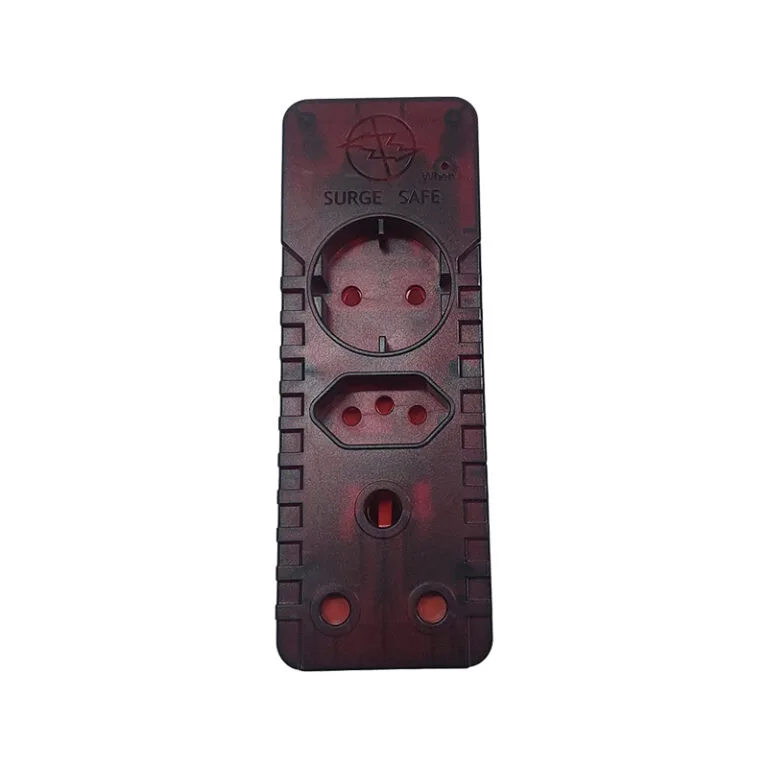 Surge-protected power strip with a main circular outlet and multiple smaller openings, labeled SURGE SAFE and featuring a red-tinted housing