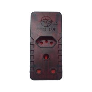 Red translucent surge protector module with three outlet holes and 'SURGE SAFE' branding, shown from the front/back.