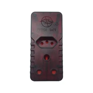 Red translucent surge protector module with three outlet holes and 'SURGE SAFE' branding, shown from the front/back.