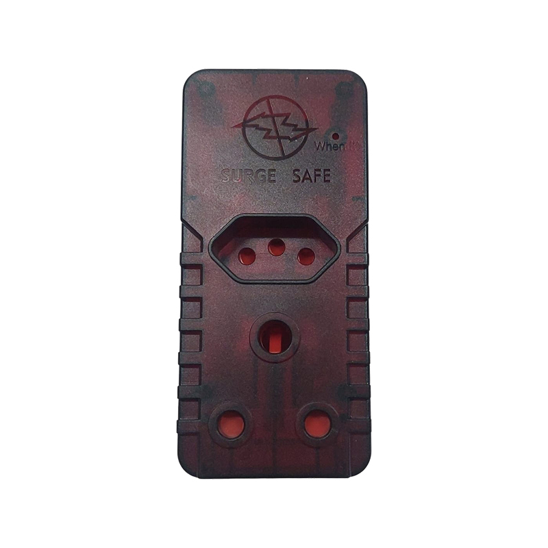 Red Translucent Surge Protector Module with Three Outlet Holes and Surge Safe Branding Shown from the Frontback