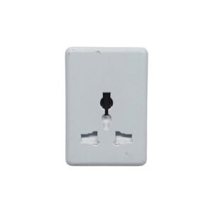 White wall-mounted electrical outlet plate with three plug slots (two horizontal, one vertical)