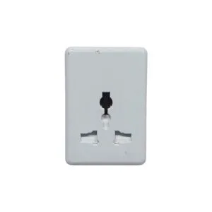 White wall-mounted electrical outlet plate with three plug slots (two horizontal, one vertical)