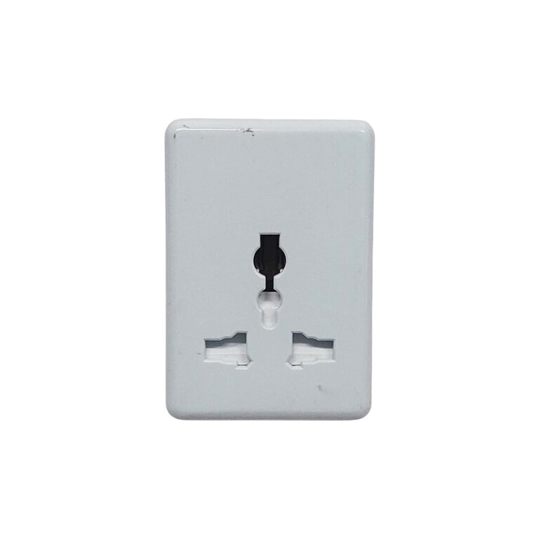 White wall-mounted electrical outlet plate with three plug slots (two horizontal, one vertical)