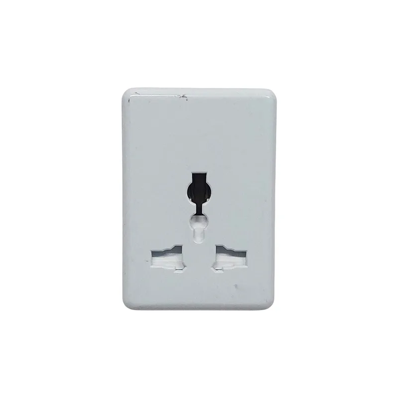 White wall-mounted electrical outlet plate with three plug slots (two horizontal, one vertical)