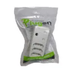 White Three outlet Power Adapter in Clear Plastic Packaging with a Green Plugon Logo and Slogan Reading power to Keep Going