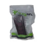 Plastic Bag Packaging for a Plugon Energy Device a Black Handheld Unit with Red Indicator Lights Inside Featuring Green Plugon Branding and power to Keep Going Band