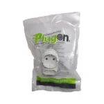 White Electrical Plug Adaptor in a Clear Plastic Bag with a Green Label Reading power to Keep Going