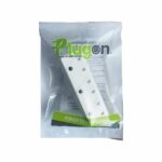 White Portable Multi outlet Power Strip Packaged in a Clear Plastic Bag with Green Branding and the Slogan power to Keep Going