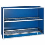 Blue Cabinet style Barbecue Grill with a Chrome Rotisserie Spit Upper Rack and Lower Grilling Grate and Tray