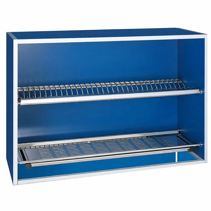 Blue Cabinet style Barbecue Grill with a Chrome Rotisserie Spit Upper Rack and Lower Grilling Grate and Tray