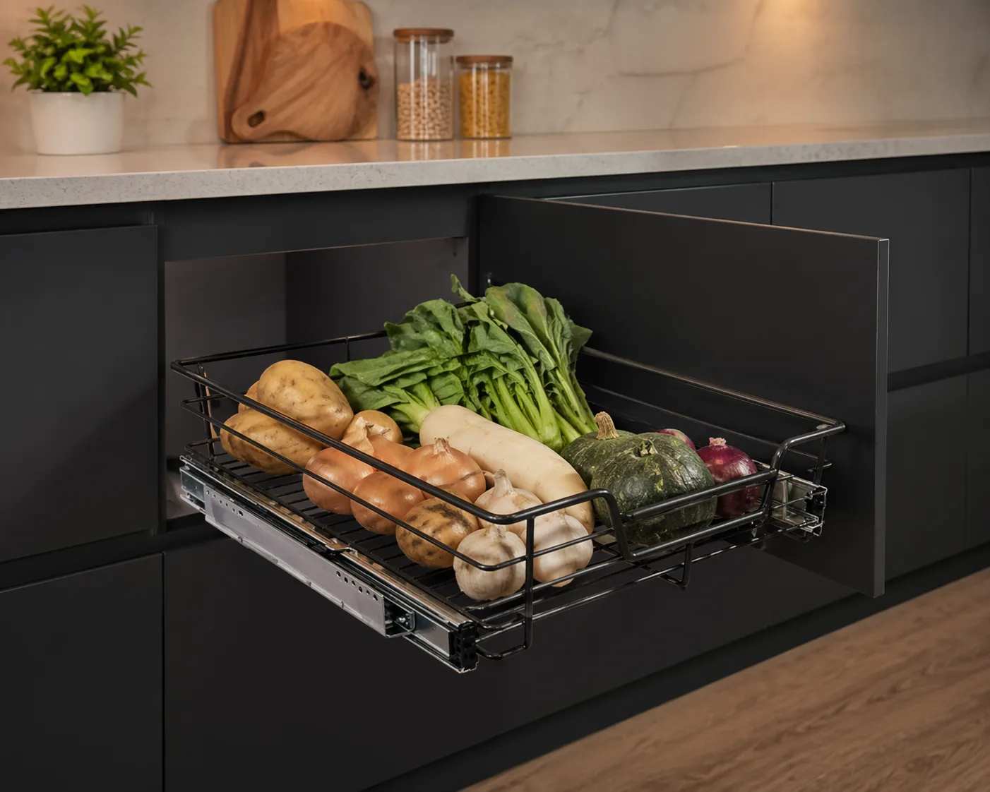 Open Pull out Drawer in a Modern Kitchen Filled with Fresh Vegetables Potatoes Onions Garlic Leafy Greens a Squash and a White Root Vegetable All on a Metal Rack