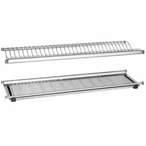 Stainless steel oven rotisserie spit with a perforated baking tray, shown as a two-piece roasting rack accessory.