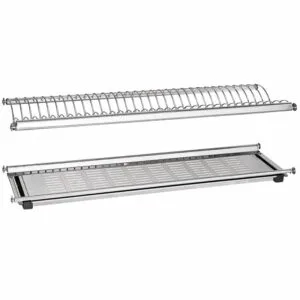 Stainless steel oven rotisserie spit with a perforated baking tray, shown as a two-piece roasting rack accessory.