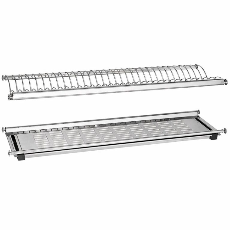 Stainless steel oven rotisserie spit with a perforated baking tray, shown as a two-piece roasting rack accessory.