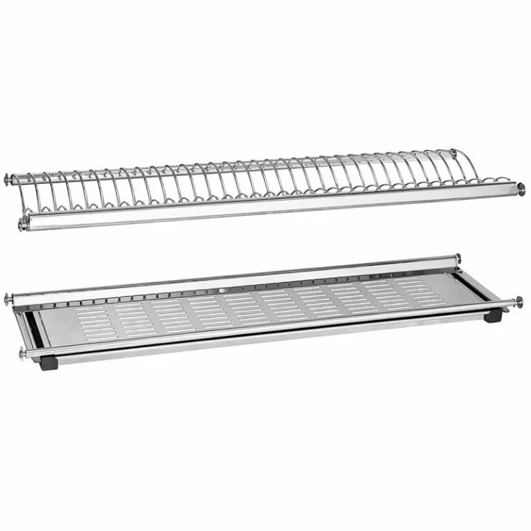 Stainless steel oven rotisserie spit with a perforated baking tray, shown as a two-piece roasting rack accessory.