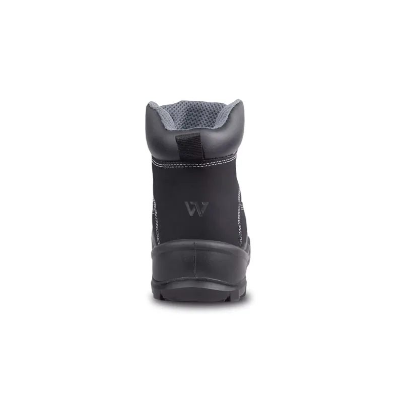 Rear View of a Black Ankle Boot with a Padded Gray Interior Collar Pull Tab and Visible Stitching on the Sides