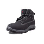 Holton Hiker Black Nubuck - 4 | Securadeal Black Rugged Work Boot with White Stitching and Thick Tread Sole Angled to Show Lacing and Padded Ankle Collar