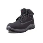Holton Hiker Black Nubuck - 4 | Securadeal Black Rugged Work Boot with White Stitching and Thick Tread Sole Angled to Show Lacing and Padded Ankle Collar