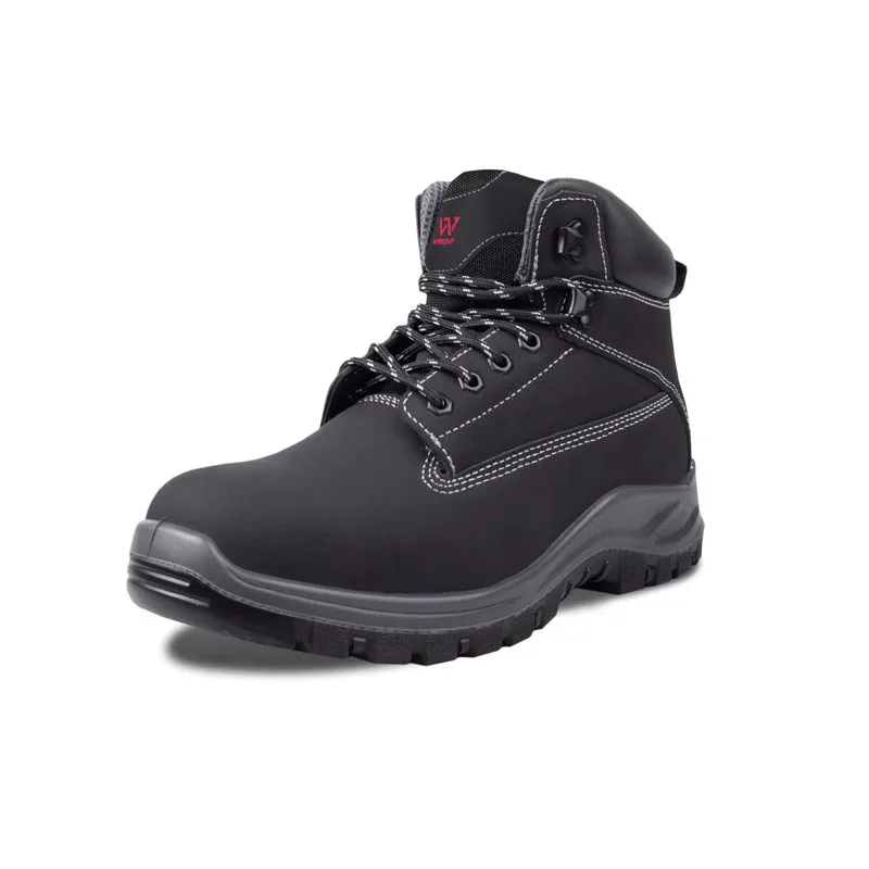 Black Rugged Work Boot with White Stitching and Thick Tread Sole Angled to Show Lacing and Padded Ankle Collar