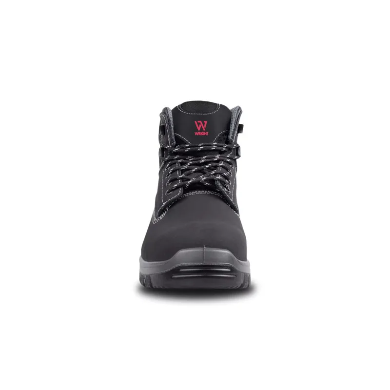 Front View of a Black Wright Safety Boot with Laces and Rugged Sole Facing Forward