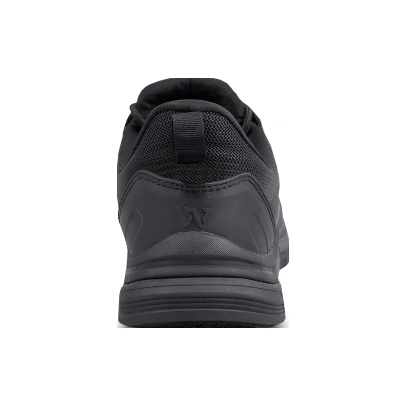 Black Athletic Shoe Viewed from the Back Showing the Heel Pull Tab and Padded Sole Edge