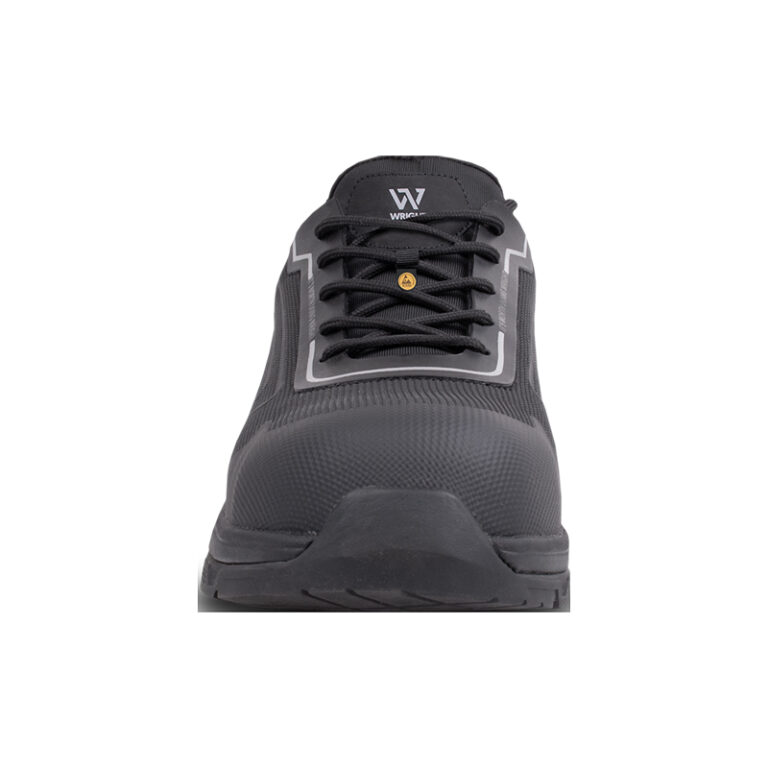 Front view of a black athletic shoe with dark gray accents and laces, shown head-on.",