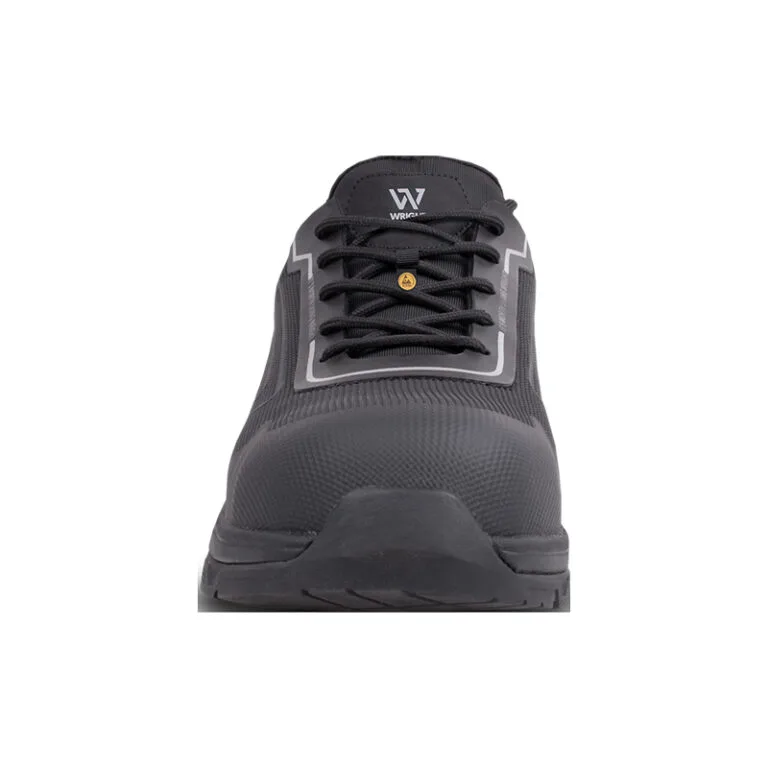 Front view of a black athletic shoe with dark gray accents and laces, shown head-on.",