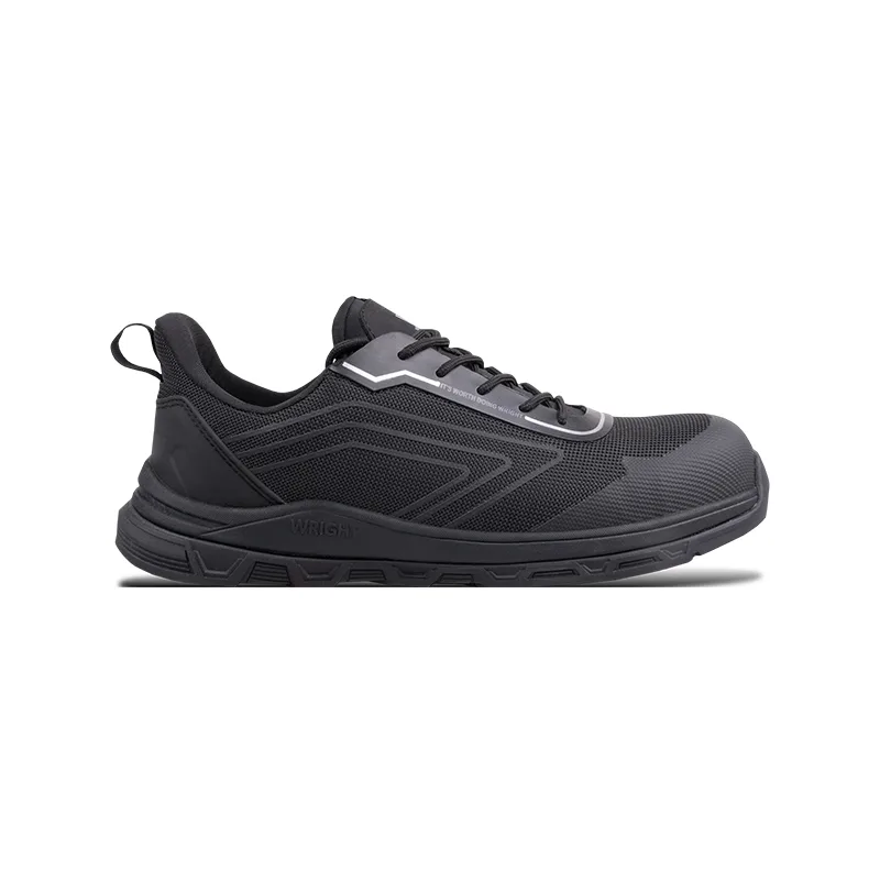 Side View of a Black Athletic Running Shoe with Mesh Upper and Thick Sole Profile Facing Right