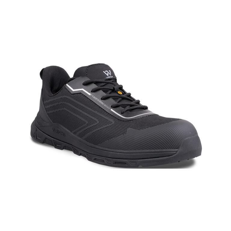 Black low-cut safety sneaker with reinforced toe, dark mesh upper and textured sides, lace-up design.