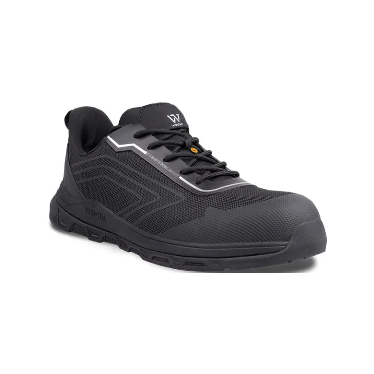 Black low-cut safety sneaker with reinforced toe, dark mesh upper and textured sides, lace-up design.