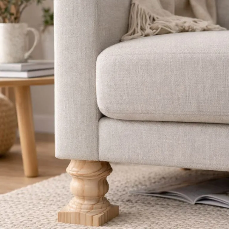 Close-up of a beige upholstered sofa with a carved wooden leg on a woven rug in a cozy living room.